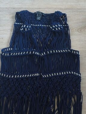 NAVY BLUE Silver Beaded Tassel Vest